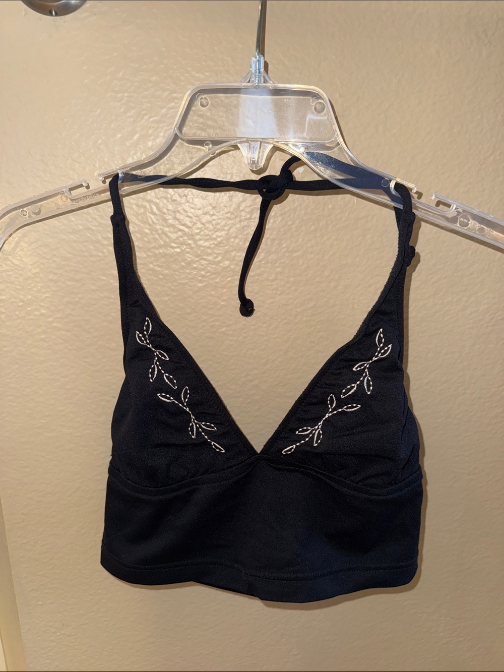 Black Embroidered Halter Swim Top